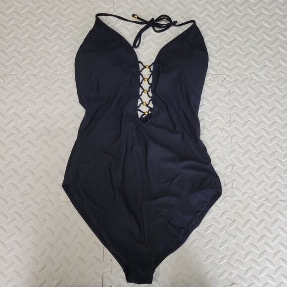 Red Carter Swimsuit Size 8 Medium Black One Piece Plunging Halter Neck Gold NWT - Picture 1 of 9